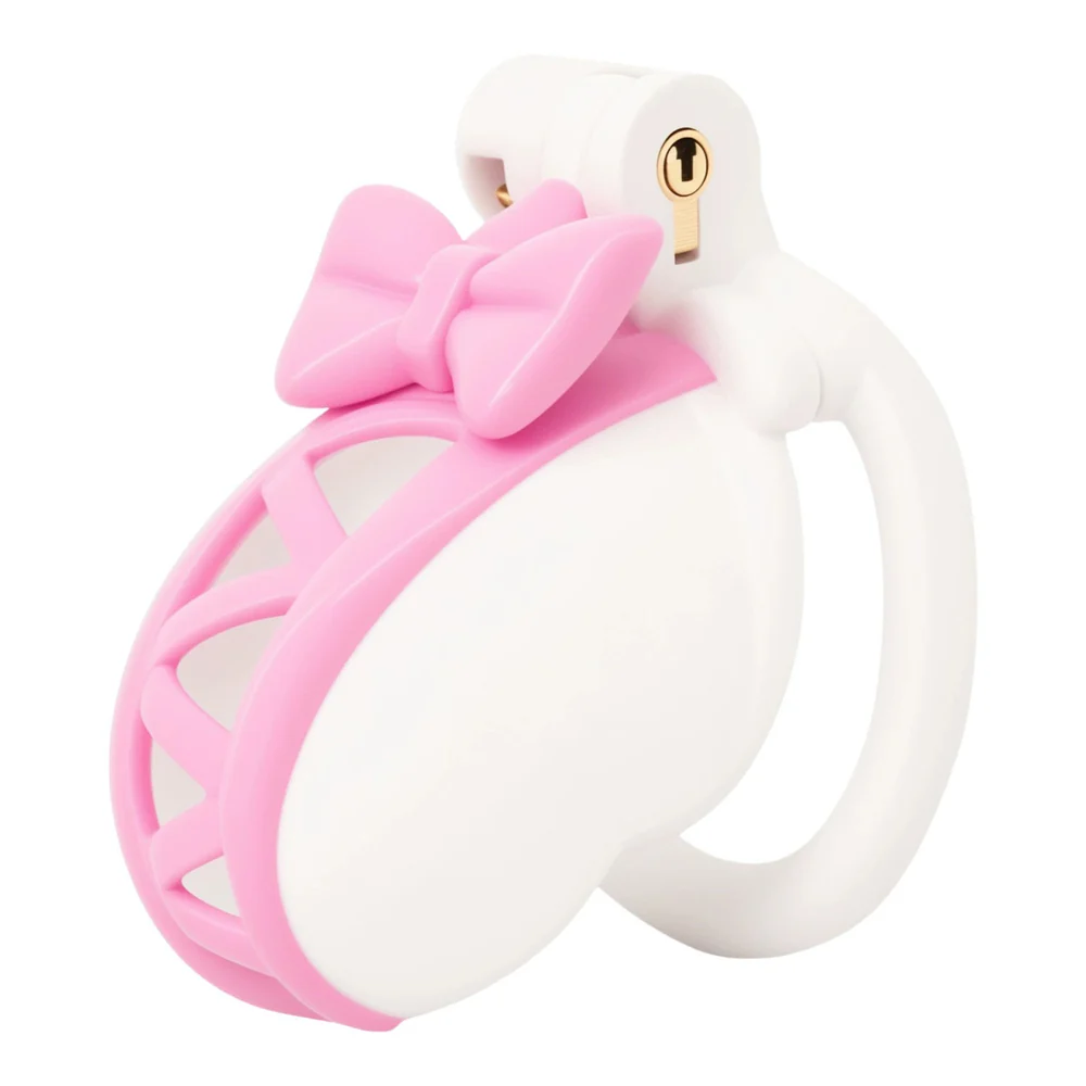 0259M Sissy Princess Pink & White Cock Cage with Bow, Lock & 4 Rings for Submissive Bitch Training