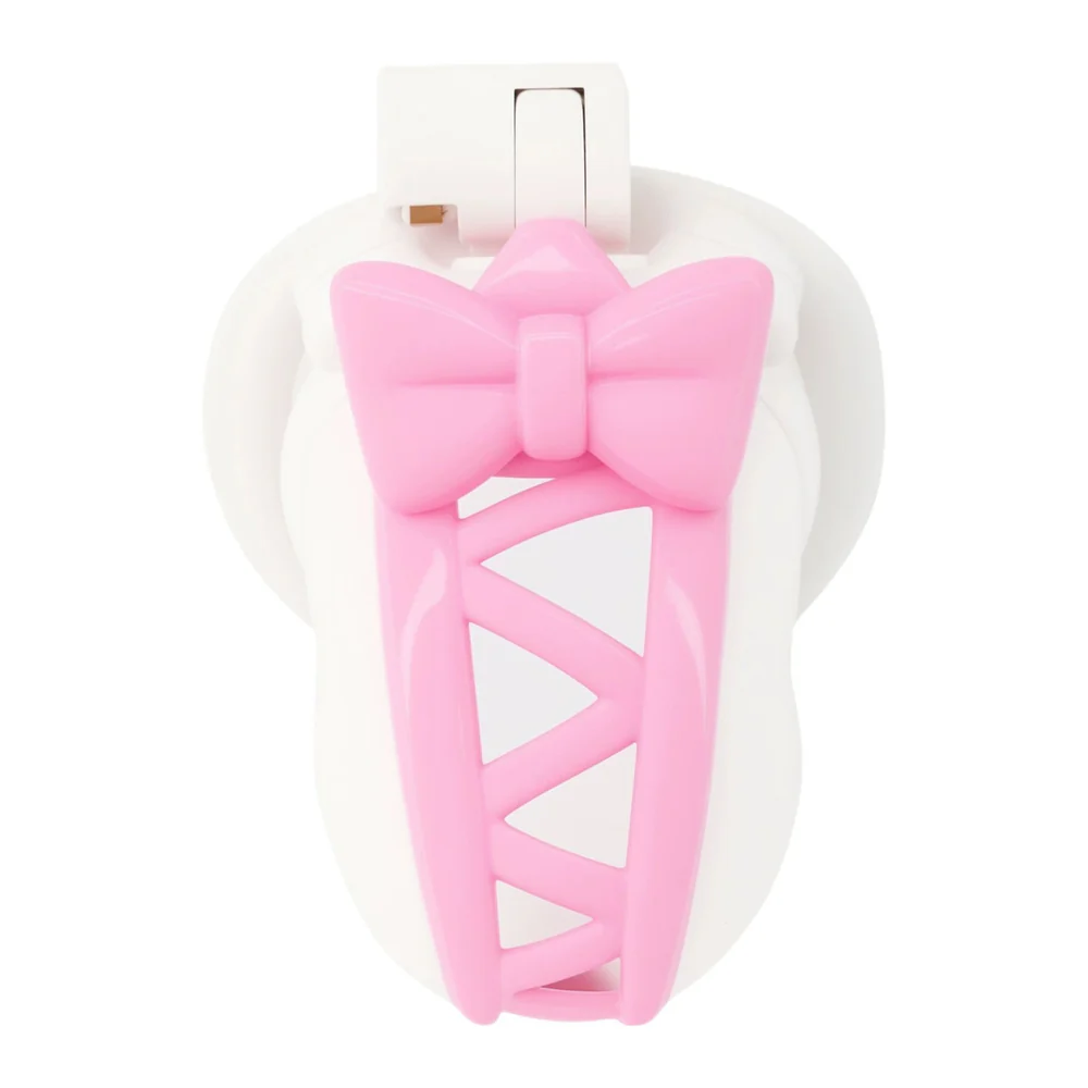 0259M Sissy Princess Pink & White Cock Cage with Bow, Lock & 4 Rings for Submissive Bitch Training - Image 3