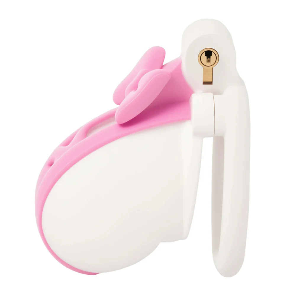 0259M Sissy Princess Pink & White Cock Cage with Bow, Lock & 4 Rings for Submissive Bitch Training - Image 4