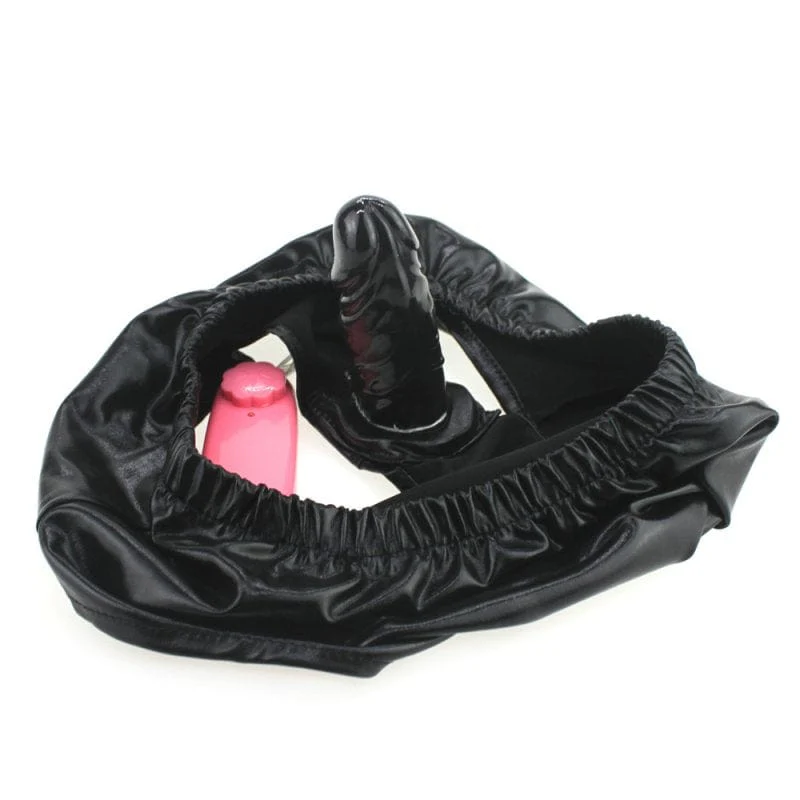 0436M Faux Leather Vibrating Dildo Panties
