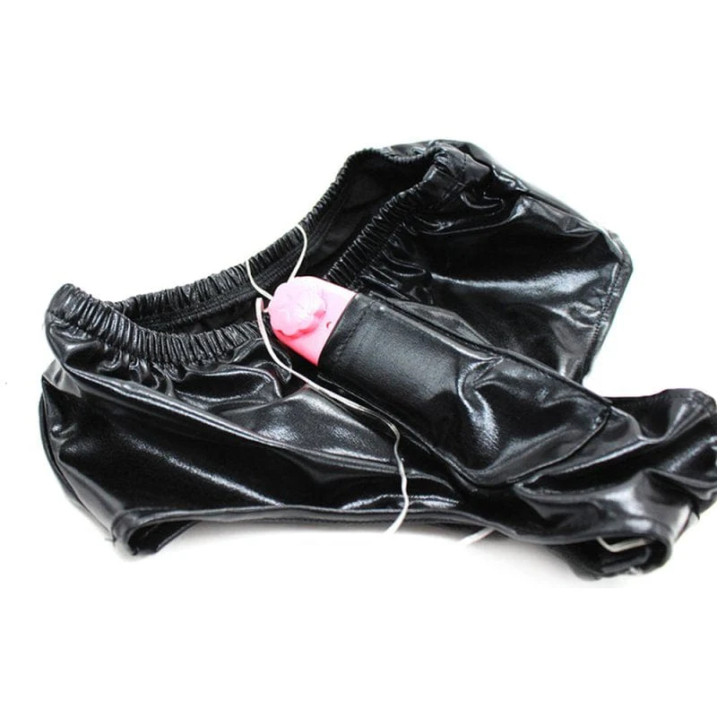 0436M Faux Leather Vibrating Dildo Panties - Image 6