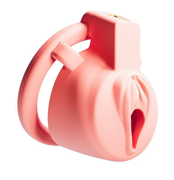 0591M Feminized Pink Pussy Front Cock Cage - Hidden Lock ABS Chastity with 3 Base Rings