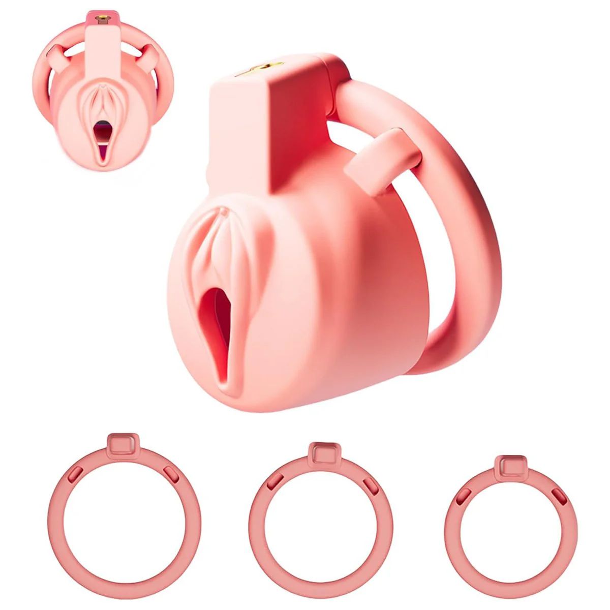 0591M Feminized Pink Pussy Front Cock Cage - Hidden Lock ABS Chastity with 3 Base Rings - Image 2