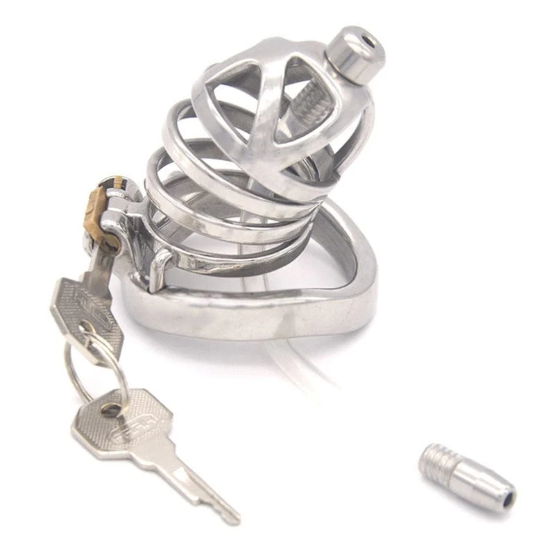 0687M Steel Cage Locking Chastity with Cum Thru Urethral Probe