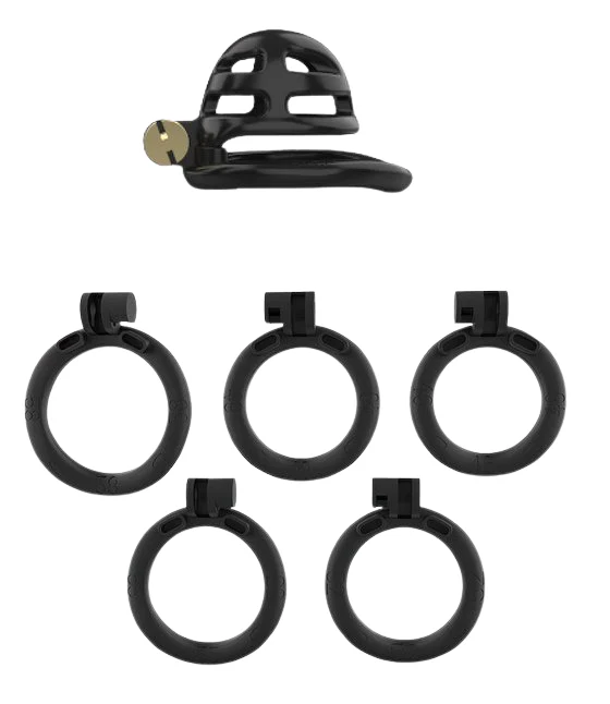 0693M  Small Tight Locking Vented Male Chastity Cage with 5 Base Rings - Image 2