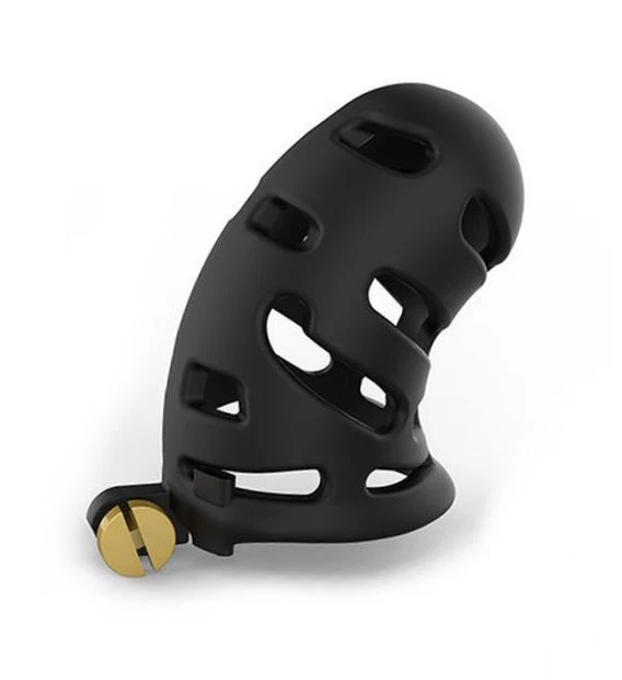 0734M Vented Black Lightweight ABS Locking Male Chastity Cage with 5 Base Rings - Image 2