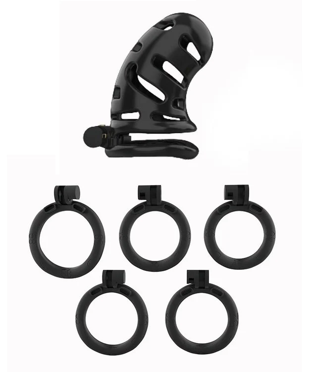 0734M Vented Black Lightweight ABS Locking Male Chastity Cage with 5 Base Rings - Image 3
