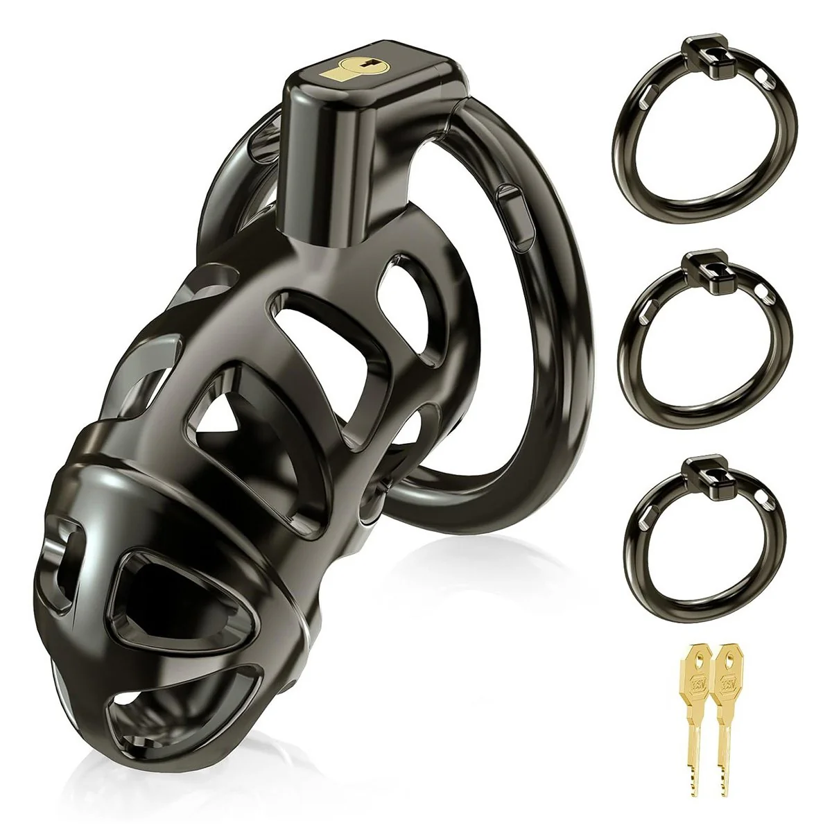 0736M Hidden Top Lock Steel Chastity Cage with 3 Rings - Secure Locking Cock Cage