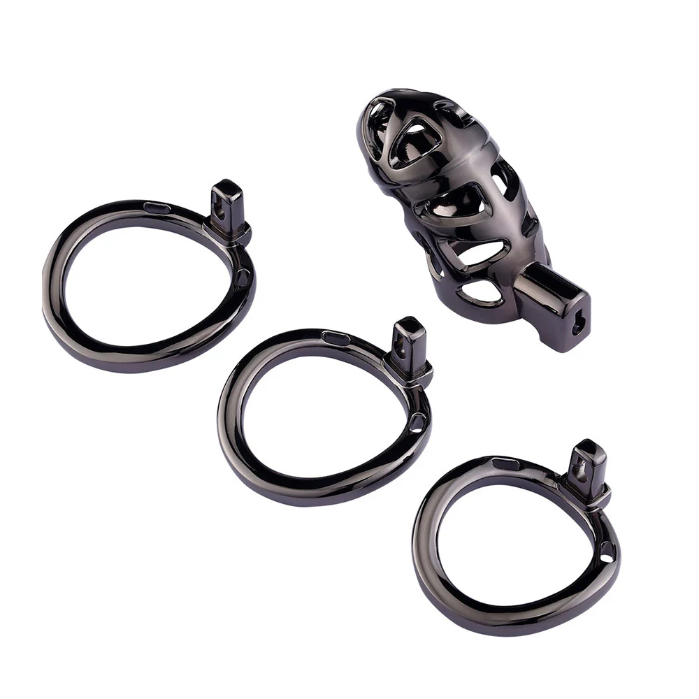 0736M Hidden Top Lock Steel Chastity Cage with 3 Rings - Secure Locking Cock Cage - Image 3
