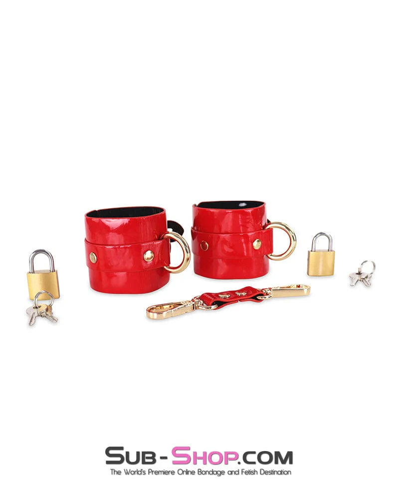 0756DL Locking Shiny Red Patent Vegan Leather Bondage Wrist Cuffs - Image 2