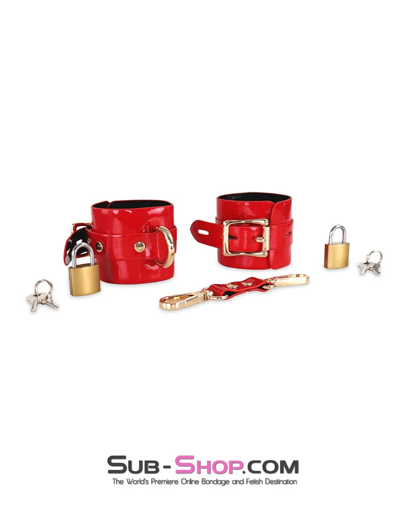 0756DL Locking Shiny Red Patent Vegan Leather Bondage Wrist Cuffs - Image 4