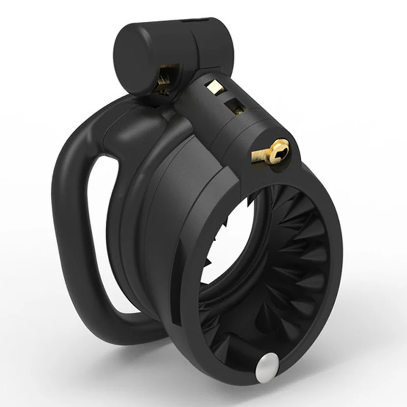 0817M  Spiked Black Chastity Cage with Removable Hinged Tip & Double Locking Design - Image 2