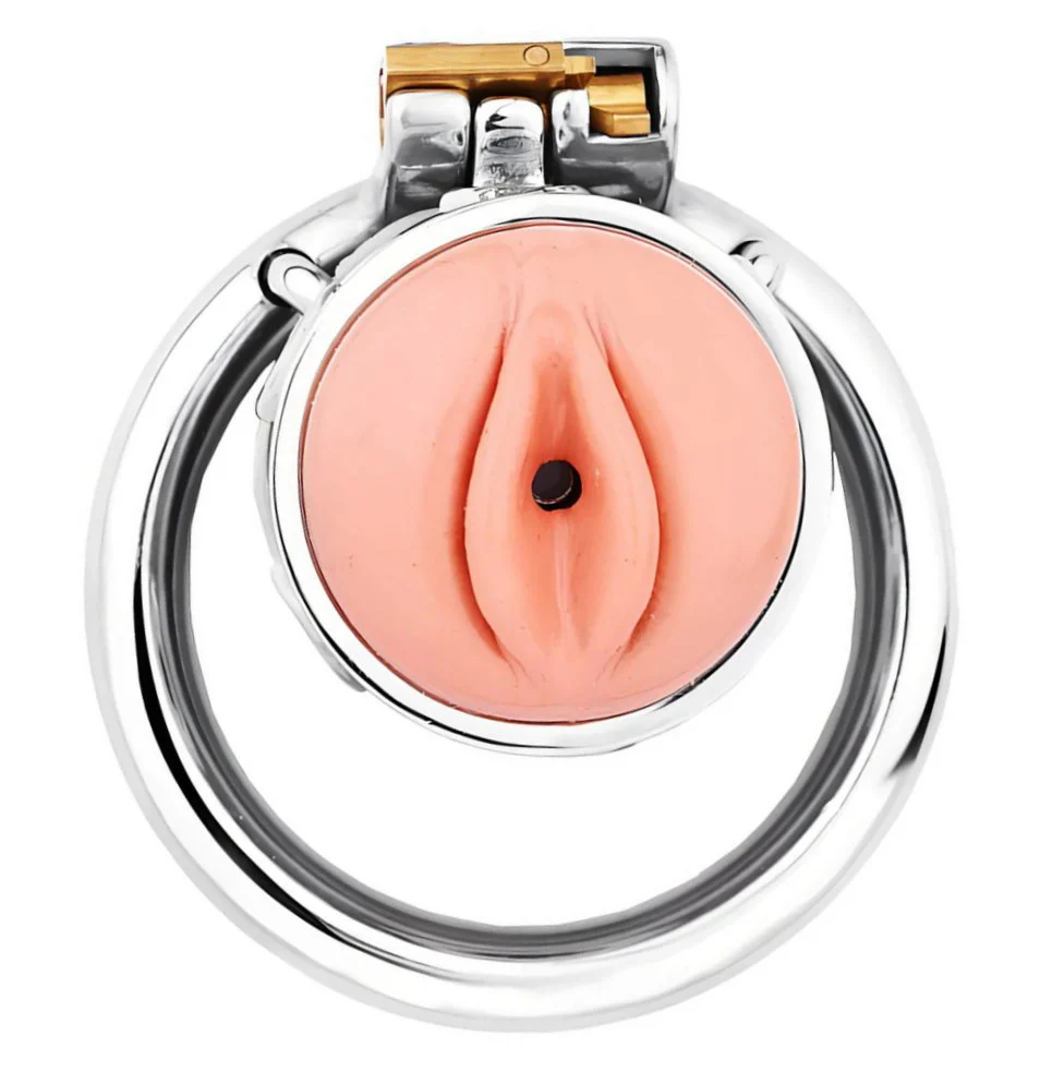 0821M  Feminizing Locking Stainless Steel Chastity Cage with Silicone Pussy Front and Adjustable Spikes