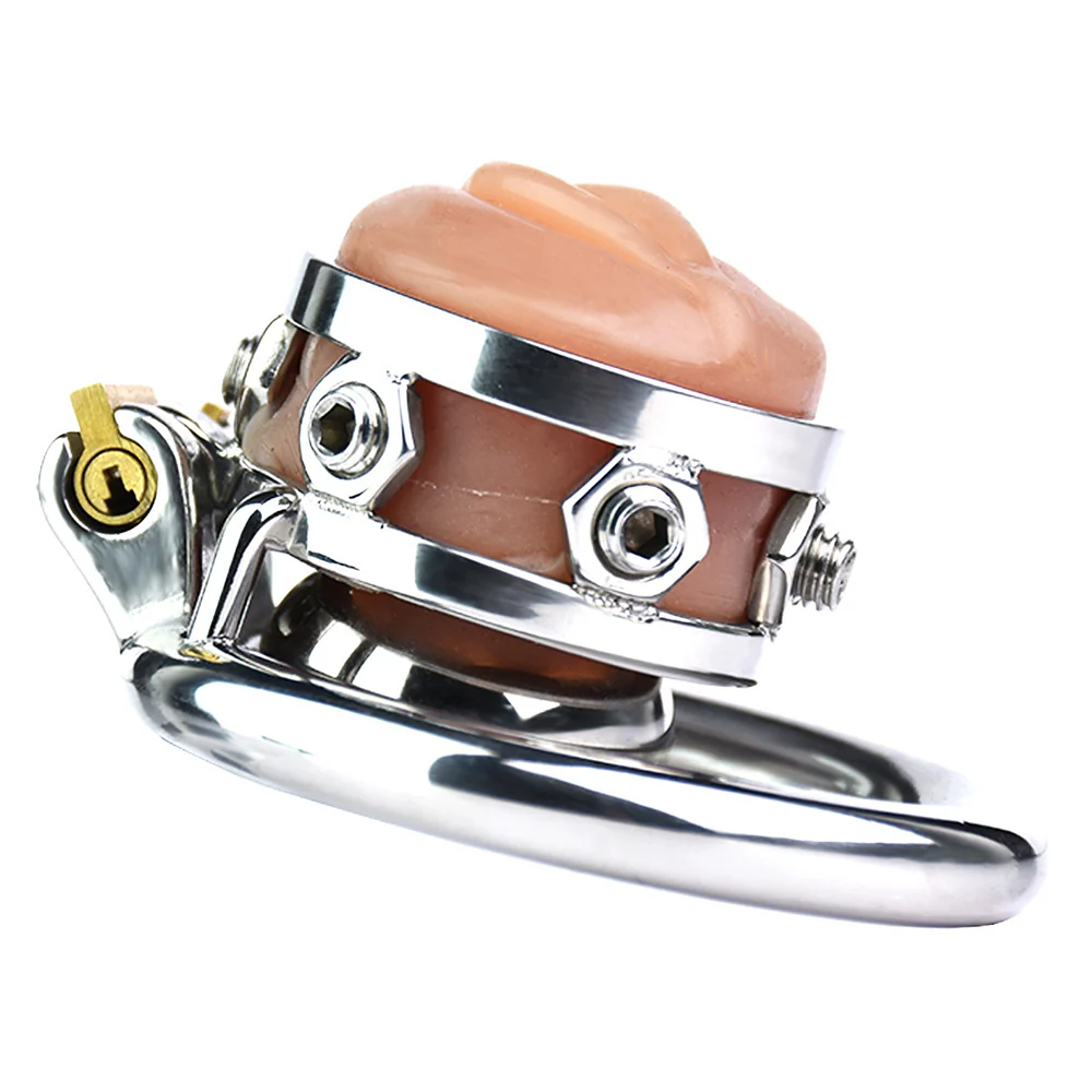 0821M  Feminizing Locking Stainless Steel Chastity Cage with Silicone Pussy Front and Adjustable Spikes - Image 2