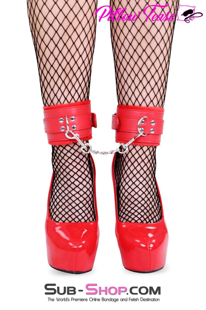 0832DL Red Fur Lined Ankle Bondage Cuffs with Chain - Image 3