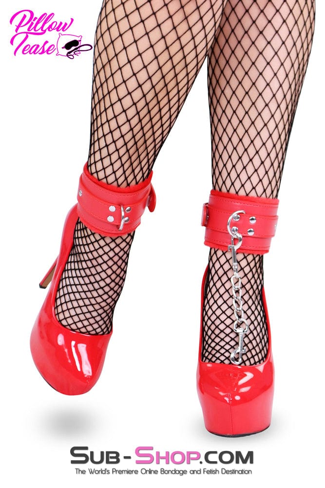 0832DL Red Fur Lined Ankle Bondage Cuffs with Chain - Image 4