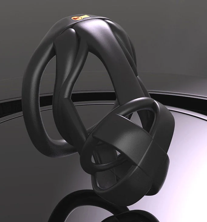 0867M X-Front Black Male Chastity Cage with Open Bar Teasing Design + 4 Rings