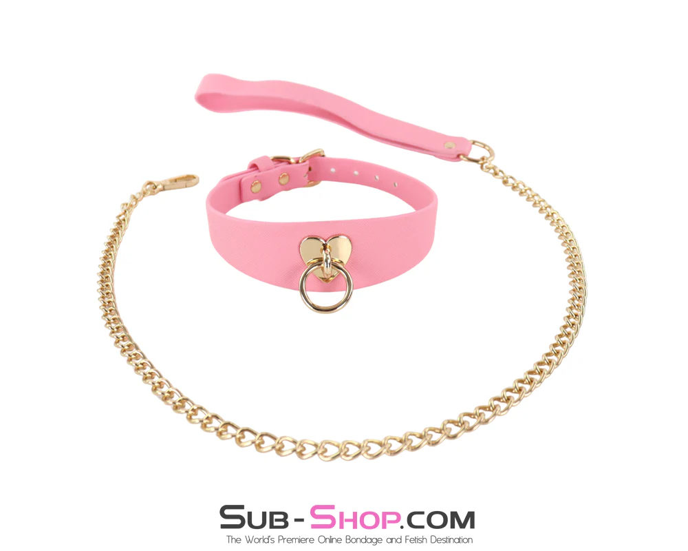 0912M  Gold Heart Pink Collar & Leash Set - Gold Chain Sweetheart Collar