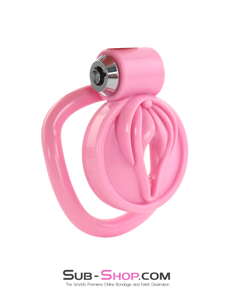 0913M Pussy-Front Sissy Chastity Cage - Pink Locking Clit Cage with 5 Ring Sizes