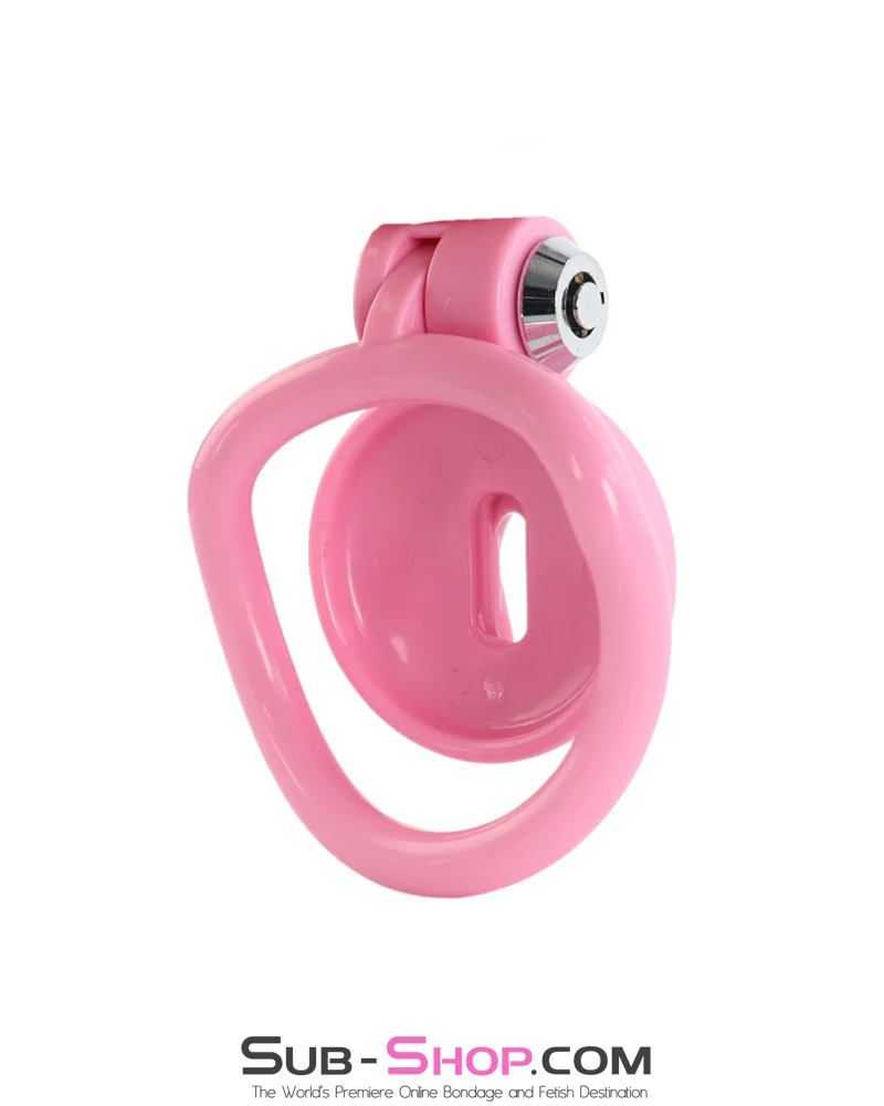 0913M Pussy-Front Sissy Chastity Cage - Pink Locking Clit Cage with 5 Ring Sizes - Image 3