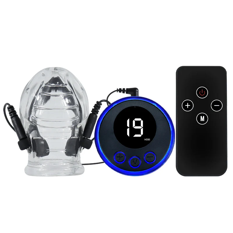 0919M  Electro CBT Head Cage - Clear Silicone Cock Trainer with Remote Shock Control for Torment & Tease Training