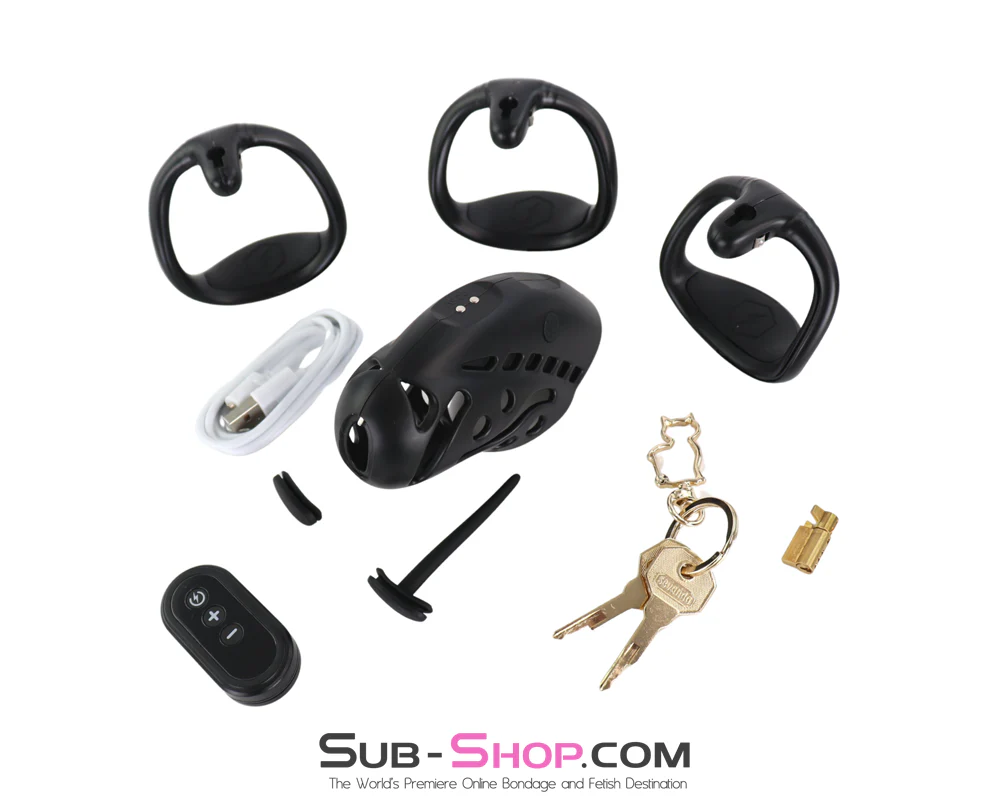 0922M Electric Shock CB Chastity Lock - Remote-Controlled Cage with 3 Rings & Urethral Sound - Image 7