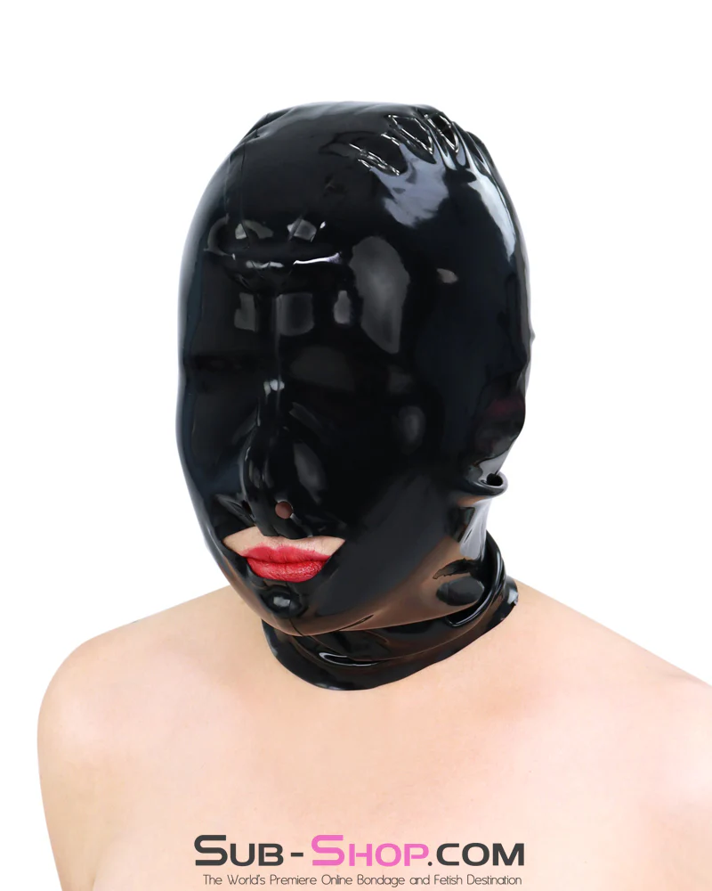 1338M  Gloss Black Latex Open Mouth Bondage Hood with Covered Eyes and Nose, Full Sensory Control - Image 4