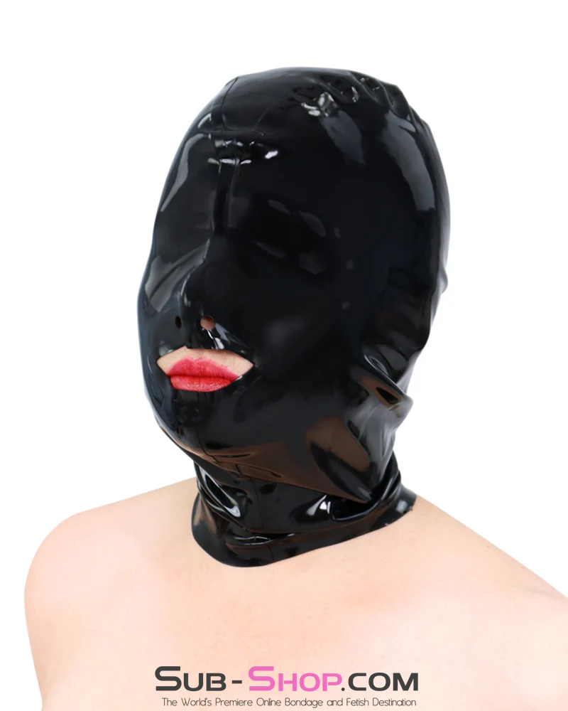 1338M  Gloss Black Latex Open Mouth Bondage Hood with Covered Eyes and Nose, Full Sensory Control - Image 5