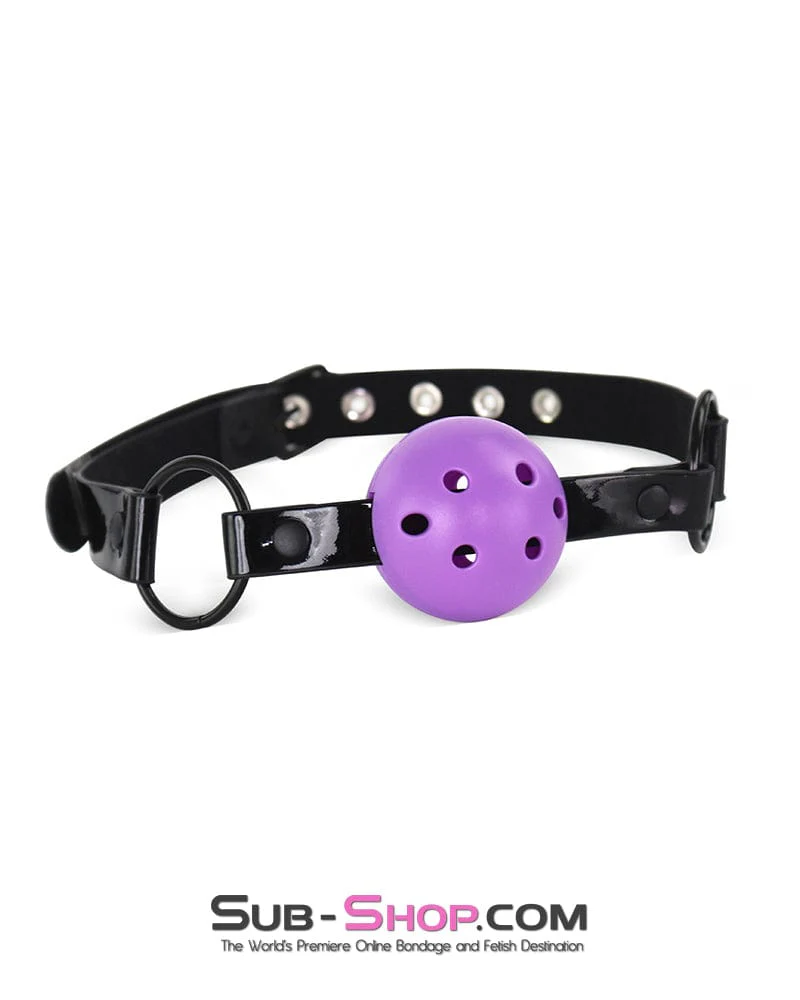 1543DL  Purple Breather Ball Gag on Patent Vegan Leather Strap - Image 2
