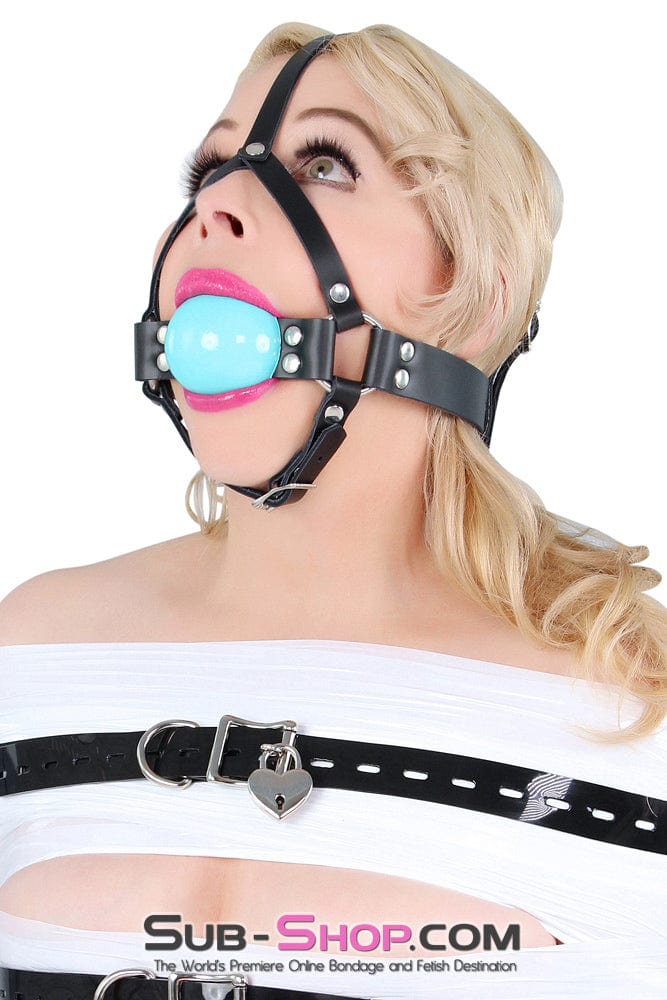 0593A 2" Leather Ball Gag Trainer, Diamond Blue Ball - Image 5