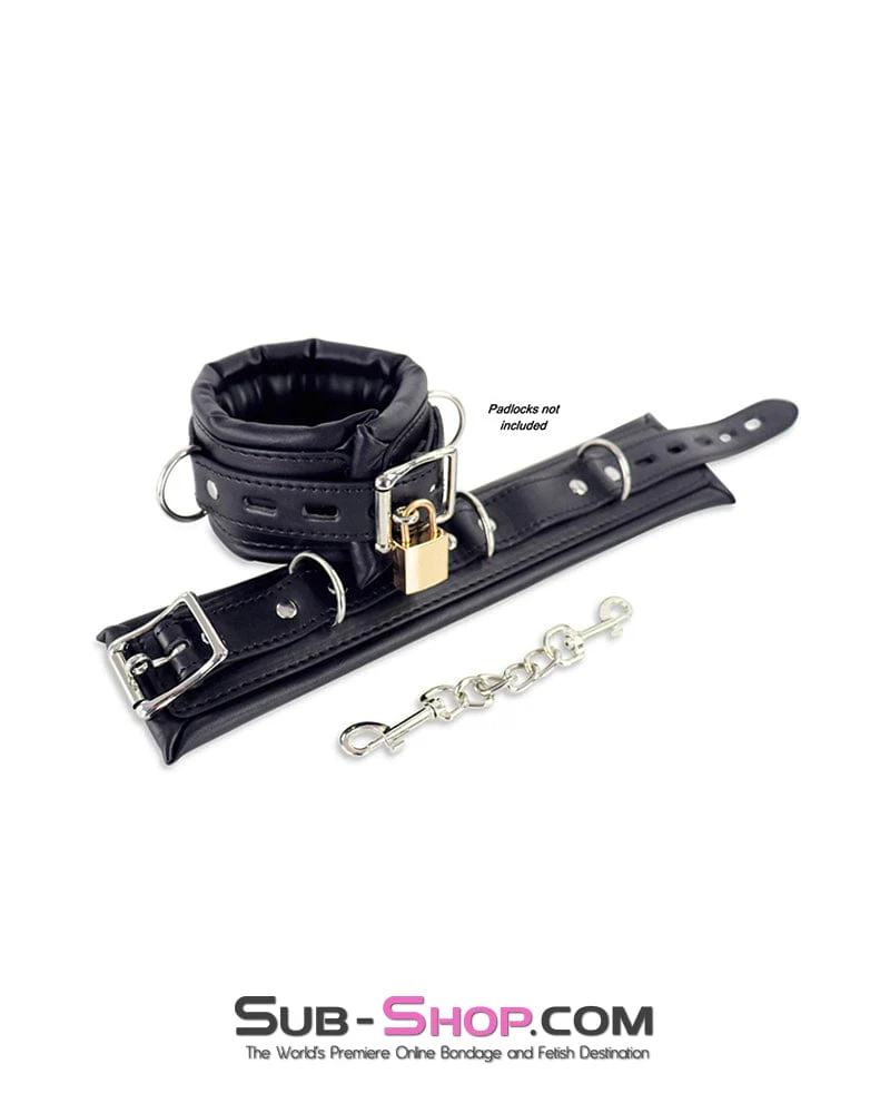 2456DL Locking Black Padded Ankle Bondage Cuffs with Connection Chain - Image 4