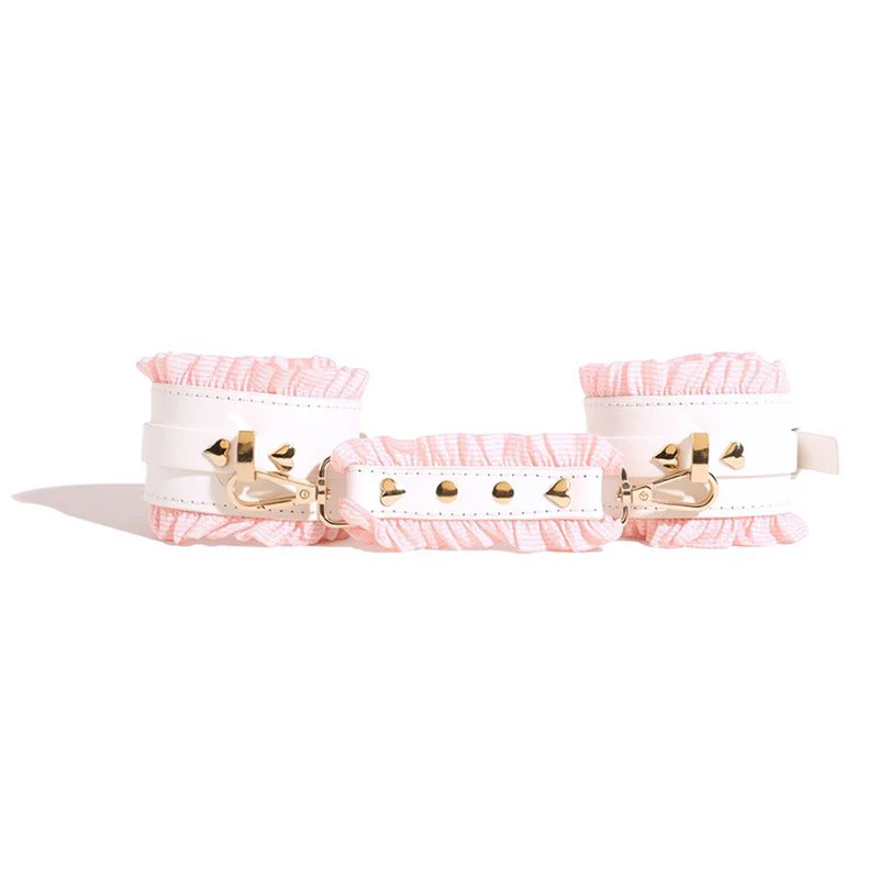 2764M Sweetheart Bondage Set - Pink Ruffle Wrist Restraints with Connecting Strap - Image 3