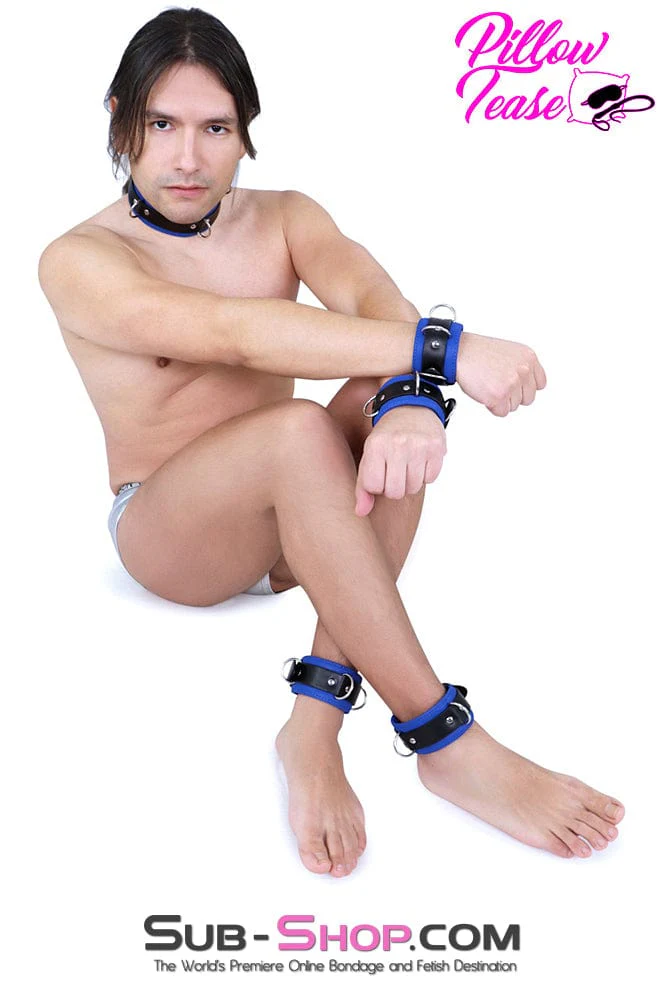 9994DL 5 Piece Dark Blue Bondage Collar with Wrist and Ankle Cuffs Set - Image 3
