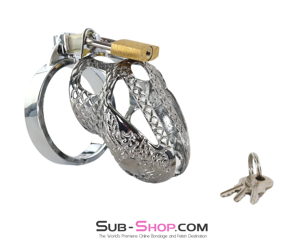8751M Engraved Chastity Cage - Chrome Locking Snake Head Cock Cage
