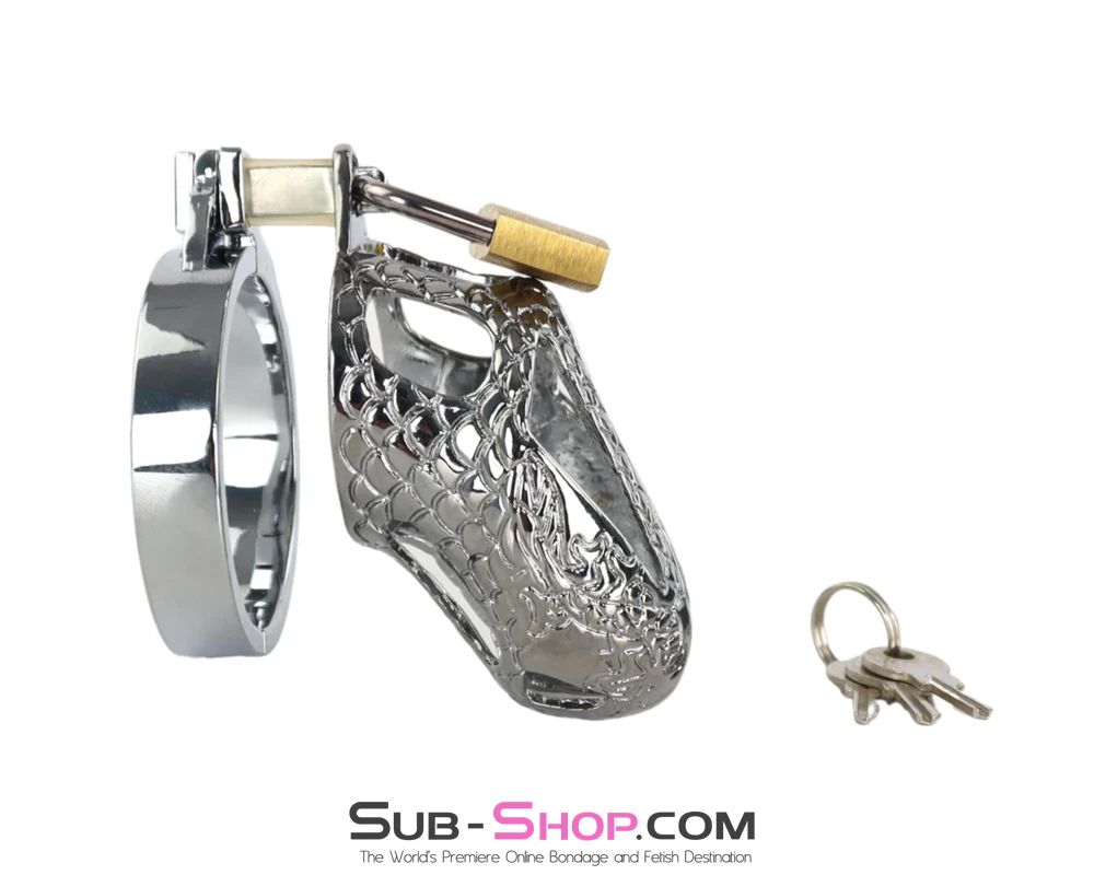 8751M Engraved Chastity Cage - Chrome Locking Snake Head Cock Cage - Image 2