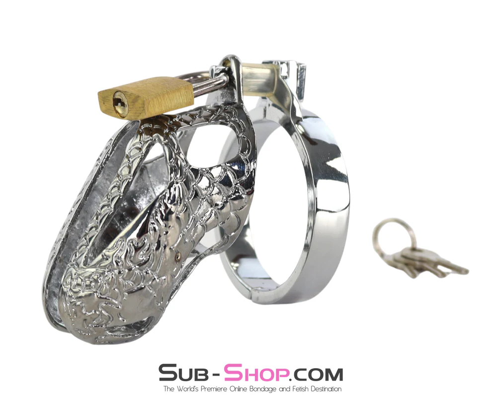 8751M Engraved Chastity Cage - Chrome Locking Snake Head Cock Cage - Image 3