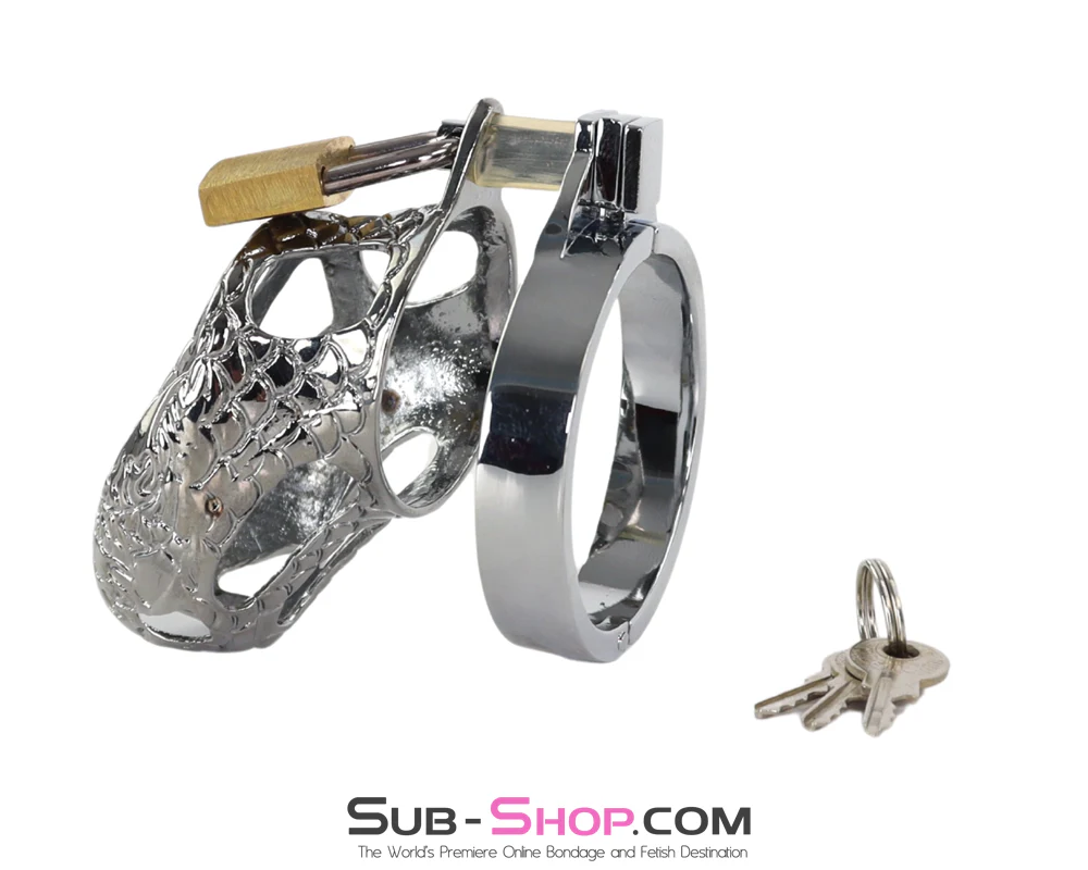 8751M Engraved Chastity Cage - Chrome Locking Snake Head Cock Cage - Image 4