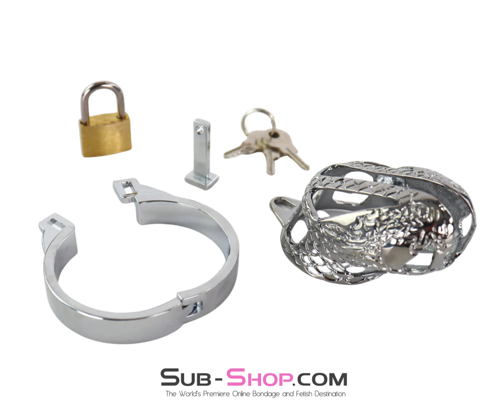 8751M Engraved Chastity Cage - Chrome Locking Snake Head Cock Cage - Image 5