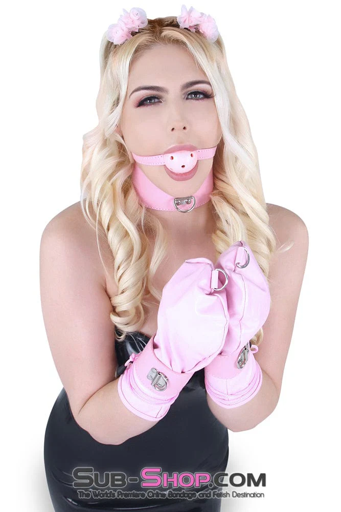 8833HS-SIS Pink Bimbo Lacing and Locking Pink Bondage Mittens Set