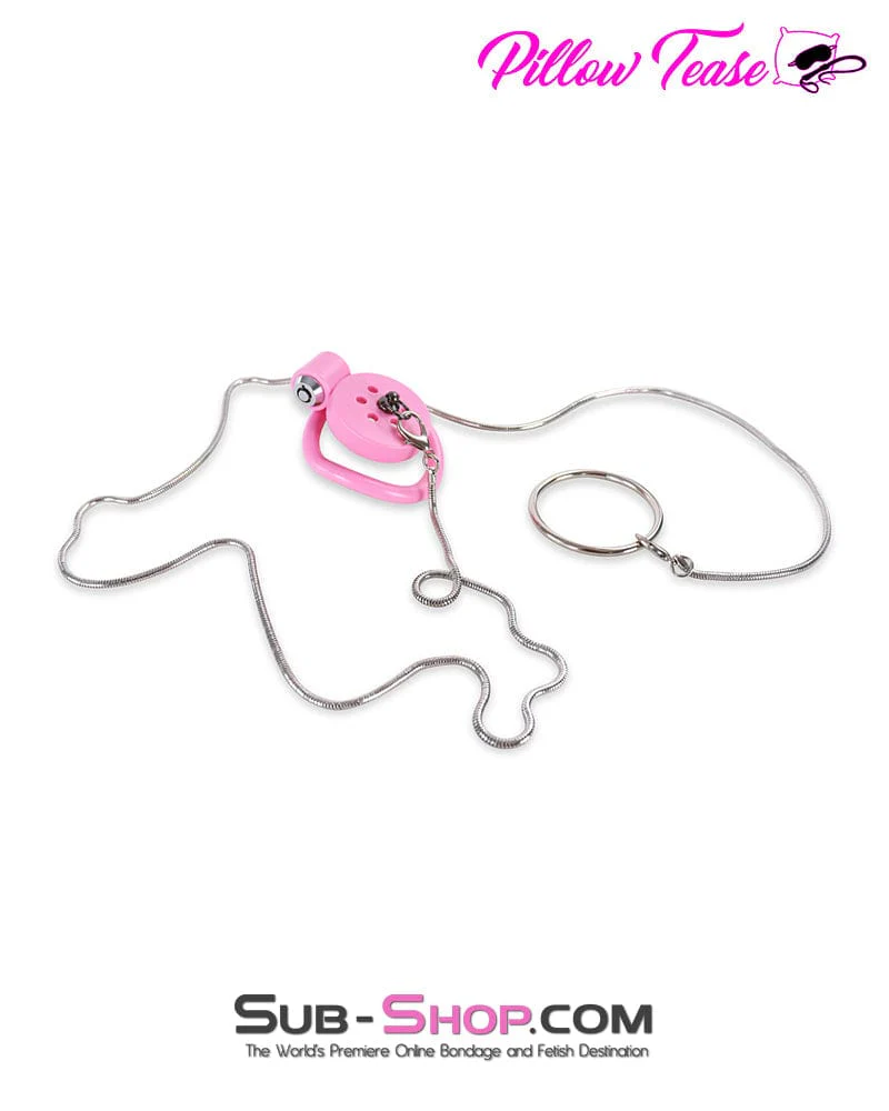 9020DL Ultra-Secure Flat Pink Locking Chastity Cage with Lead Chain & 5 Base Rings - Image 5
