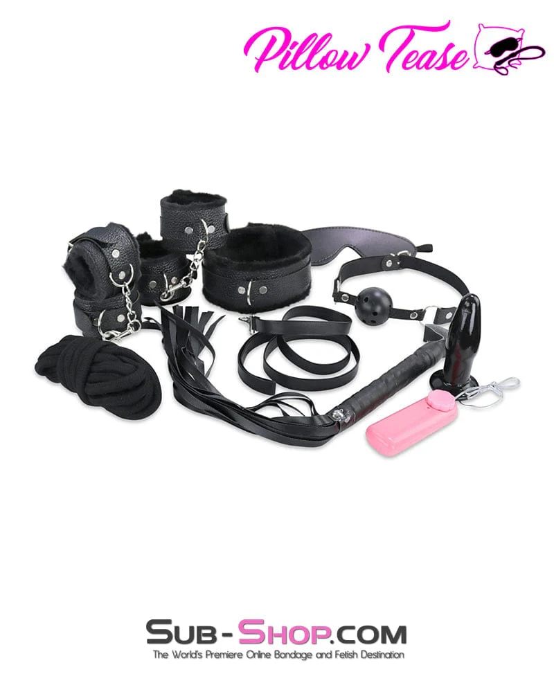 9974M      9 Pc Fur Lined Black Bondage Kit + Vibrating Butt Plug