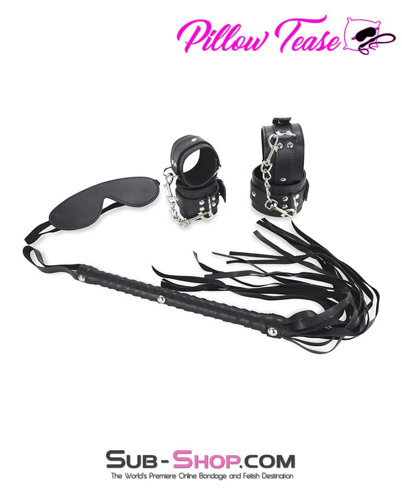 9975M 4 Pc Black Blindfold, Wrist and Ankle Cuffs + Whip Bondage Set - Image 3