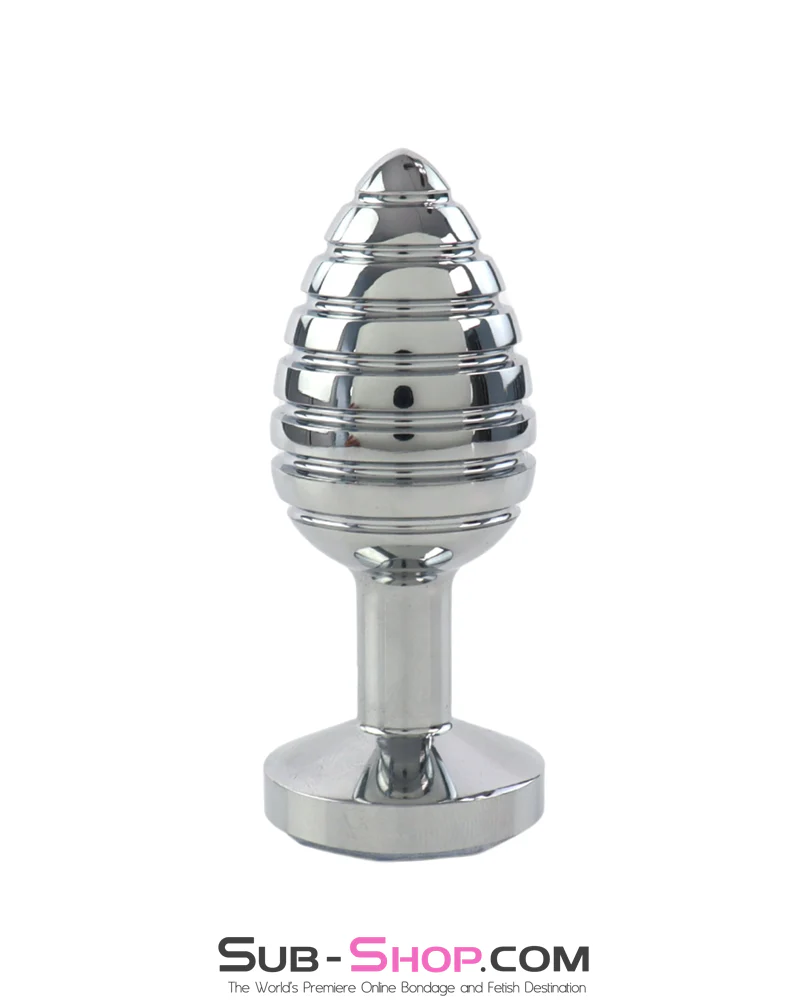 9981M Ribbed Chrome Jewel Butt Plug - Crystal Base Metal Anal Toy