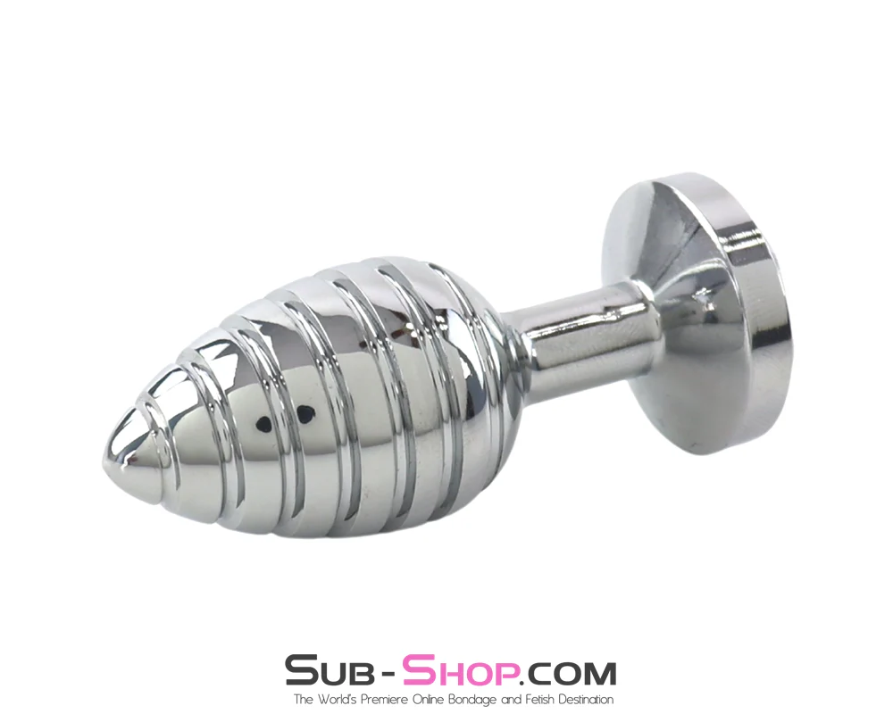 9981M Ribbed Chrome Jewel Butt Plug - Crystal Base Metal Anal Toy - Image 2