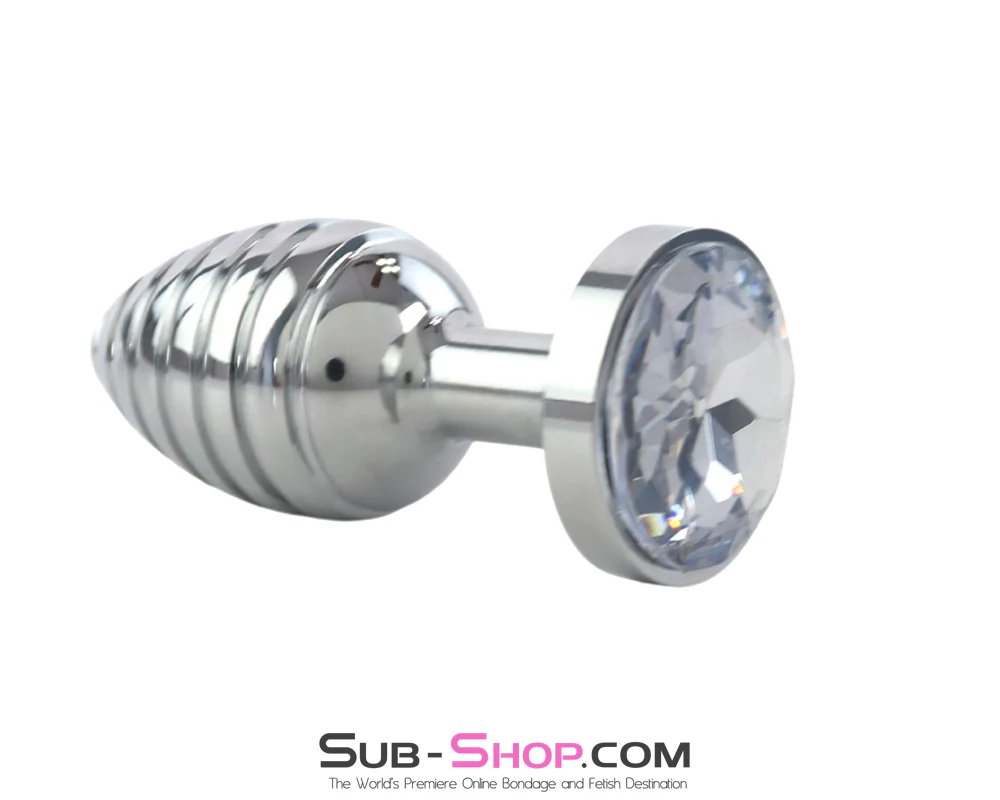 9981M Ribbed Chrome Jewel Butt Plug - Crystal Base Metal Anal Toy - Image 3