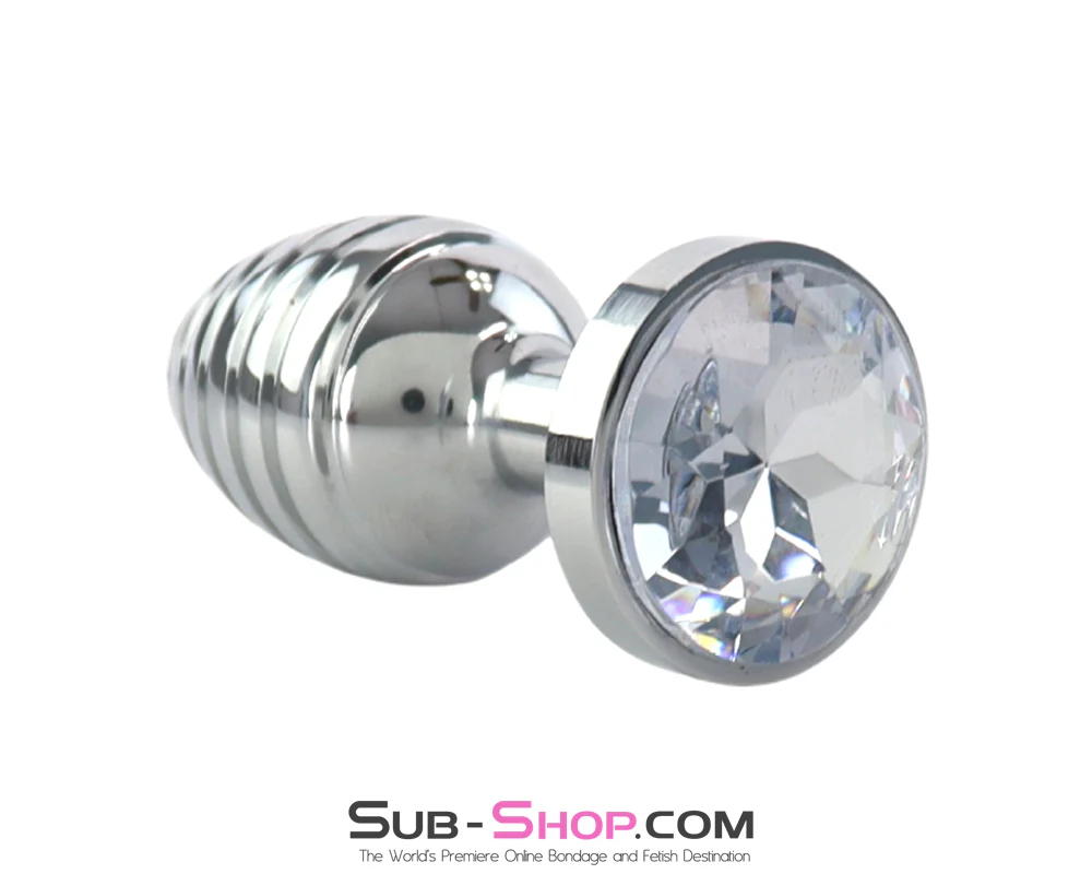 9981M Ribbed Chrome Jewel Butt Plug - Crystal Base Metal Anal Toy - Image 4