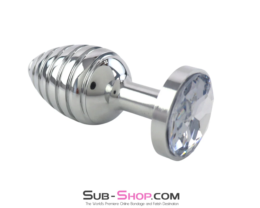 9981M Ribbed Chrome Jewel Butt Plug - Crystal Base Metal Anal Toy - Image 5