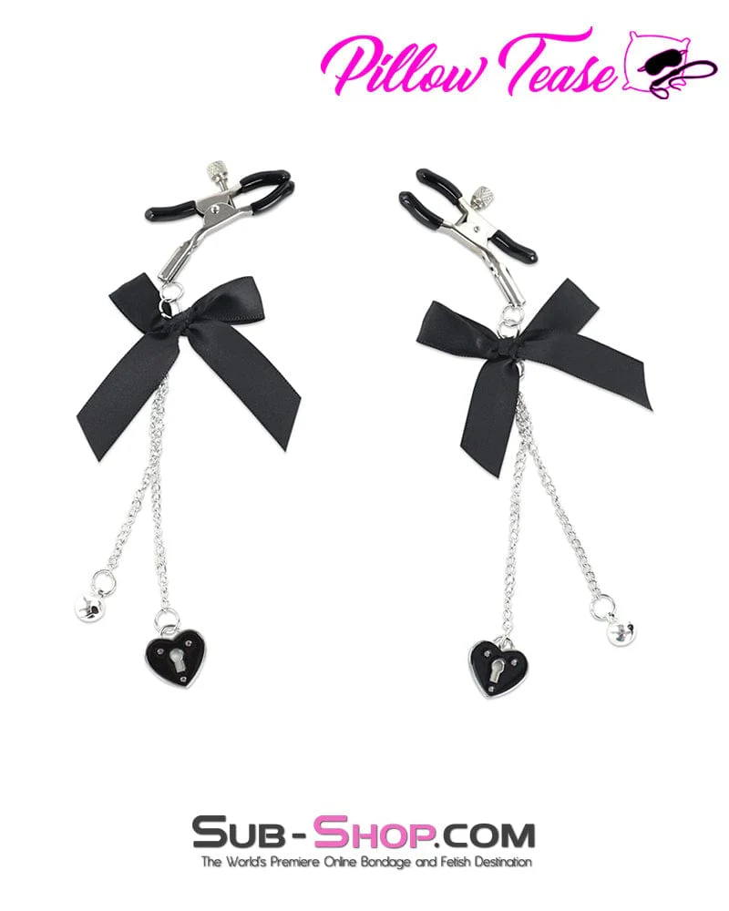 9884DL Adjustable Nipple Clamps with Cute Bow and Lock Pendant, Black