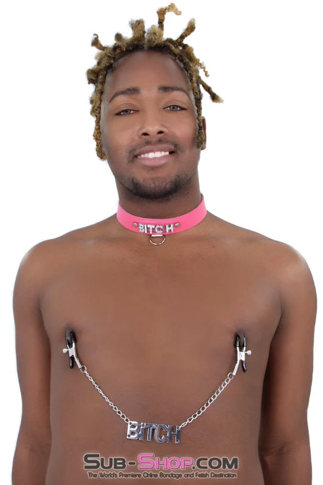 7173A BITCH Hot Pink Leather Rhinestone Letter Collar - Image 7