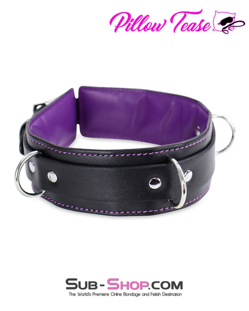 2669DL Black 3 Ring Bondage Collar with Purple French Stitching